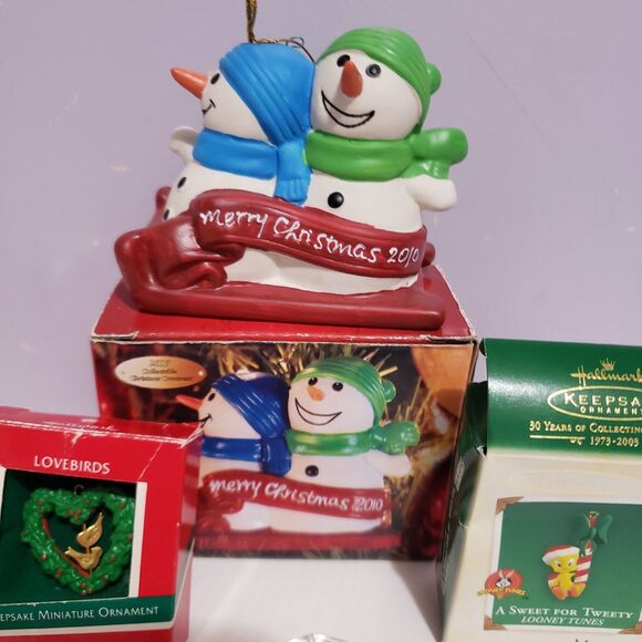 Christmas Tree Ornaments Lot Of 4 Twitty,  Snowmen, Lovebirds, Heart Holidays - Picture 5 of 6